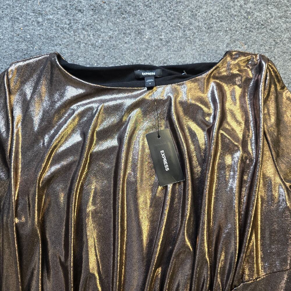 Express Dress Womens Size Small Gold Silver Metallic Ruched Maxi Cocktail Dressy - Picture 3 of 12